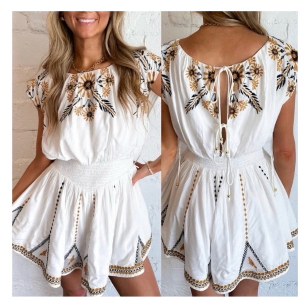 Free People White Embroidered Floral Romper